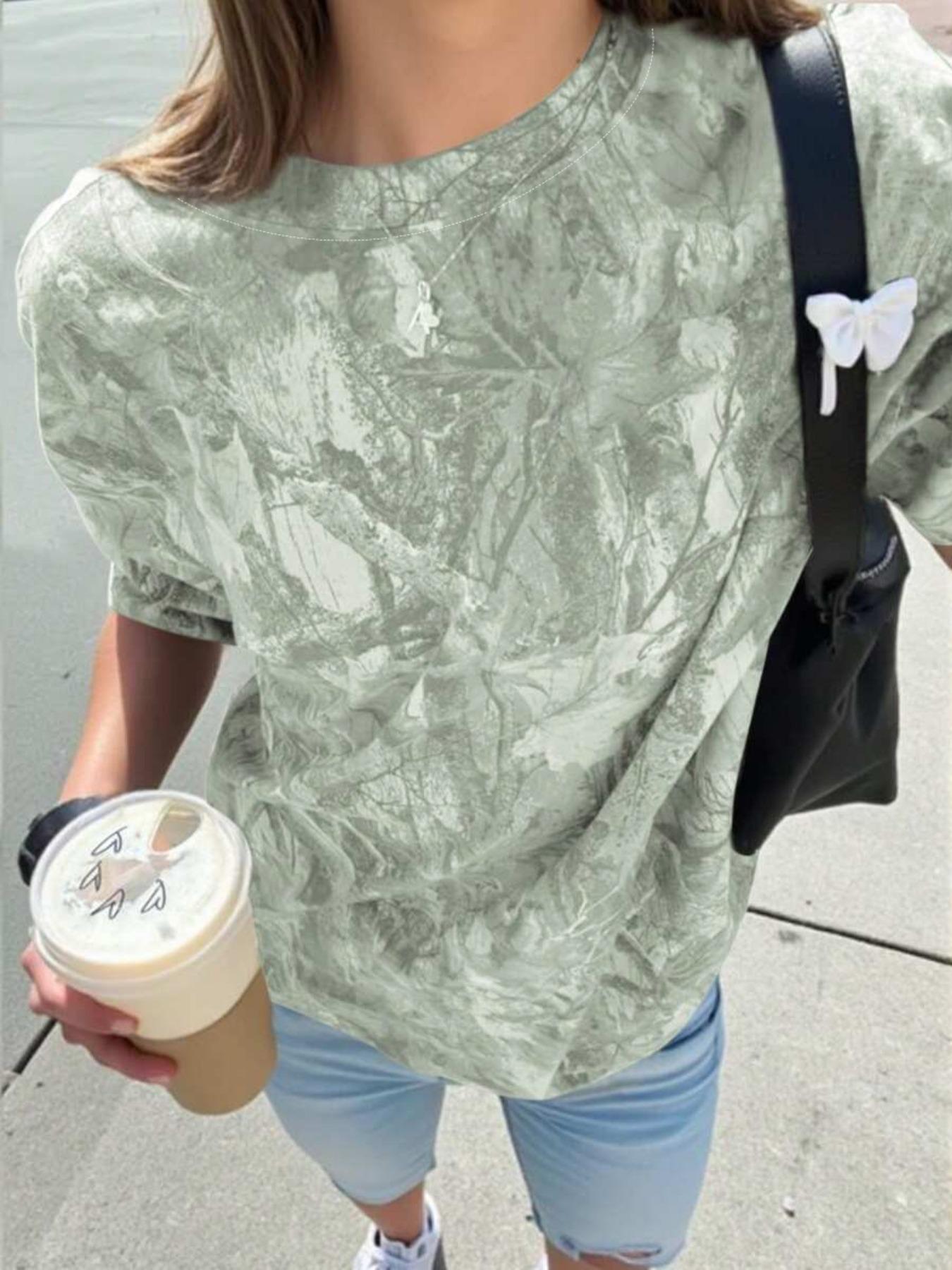 Women's All Over Print Round Neck Tee, Casual Camo Print Short Sleeve Crew Neck Knit T-shirt for Daily Wear, Ladies Clothes for All Seasons, Top