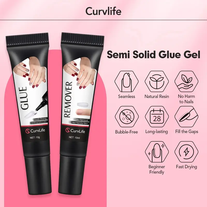 Newly Upgraded 10G Quick-Drying Semi-Solid Nail Glue with 10ML Remover, Long Lasting Adhesive Gel for Press-On Nails, Acrylic Tips, False Nail Gels and Nail Extension, Salon Quality Nail Kits, Easy Application, No UV Lamp Needed for Home and Salon Use