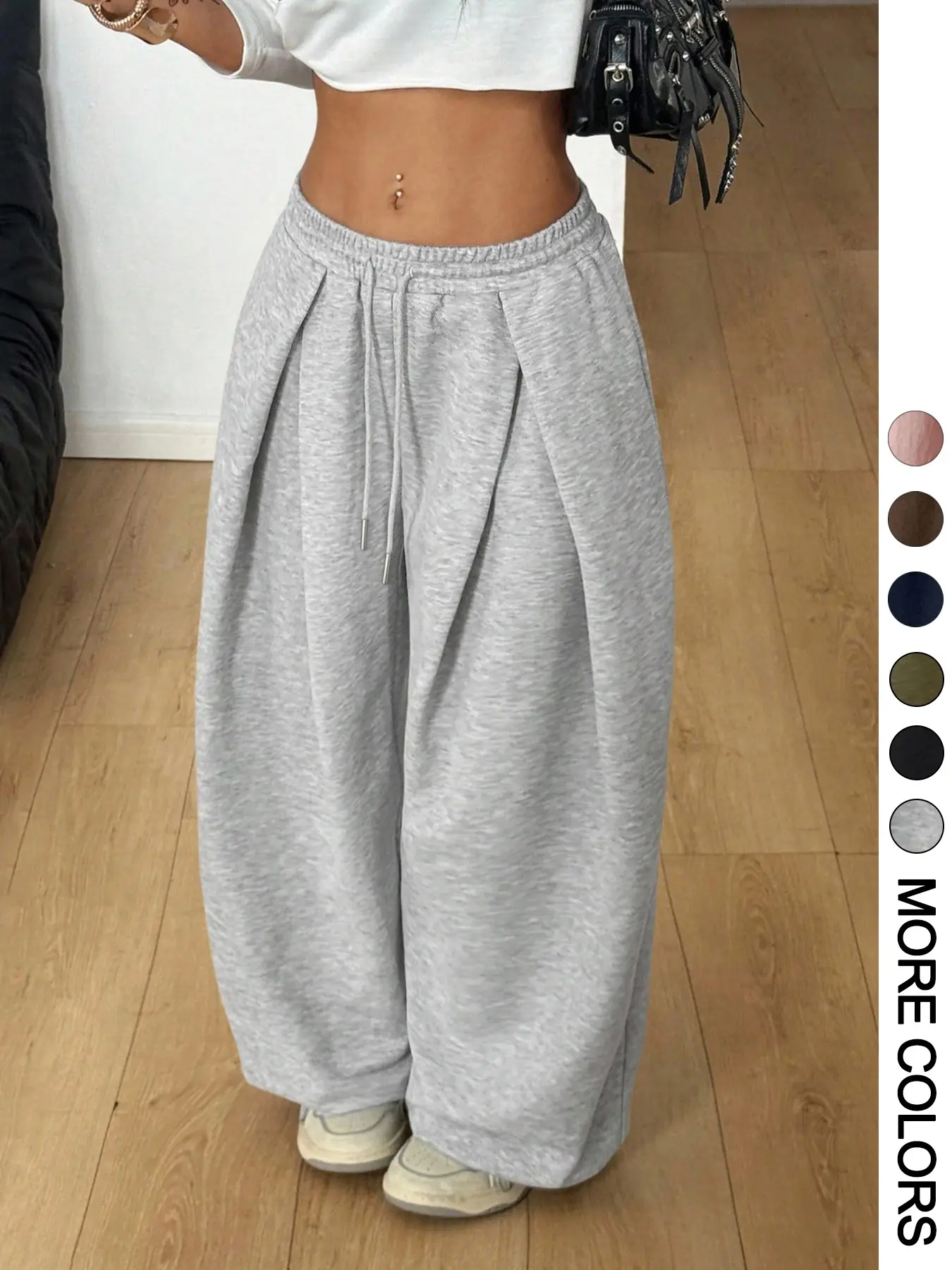 Women Elastic Waist Cuffed Jogger Pants, High Waist Baggy Wide Leg Sweatpants With Drawstring Ankle, Casual Streetwear for Lounging Daily Going Out