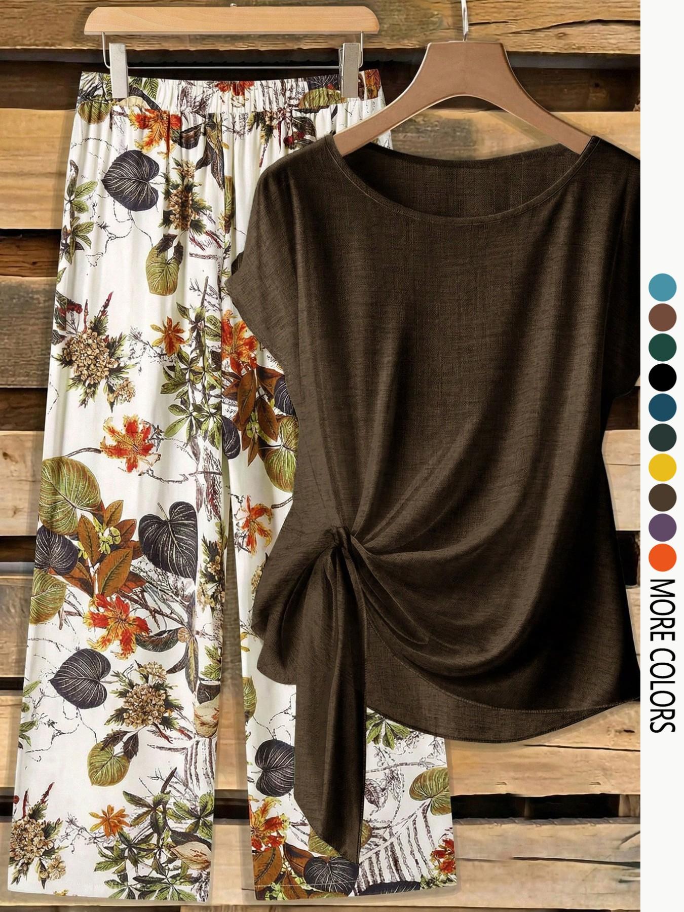 Women's Casual Printed Necktie Shirt and Loose Straight Pants Set, Perfect for Spring and Summer, Comfortable Two-Piece Women's Casual Printed Necktie Shirt and Loose Straight Pants Set, Perfect for Spring and Summer, Comfortable Two-Piece