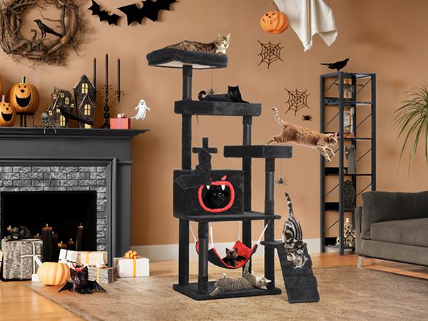 DWVO Gothic Cat Tree with Coffin Bed, 63"/38.6"  Tall Cat Tower for Indoor Cats with Top Perch, Spacious Cat Condos, Spider Hanging Balls,Comfy Hammock, Scratching Post and Ladder, Black Halloween