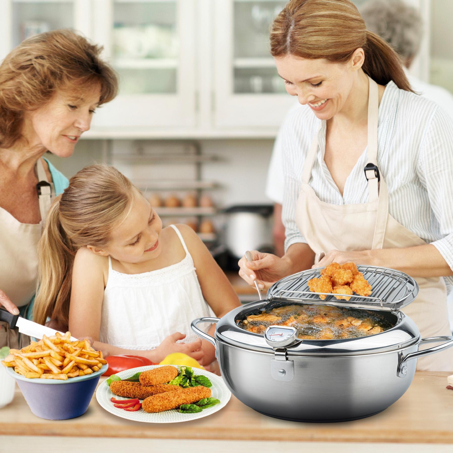 Deep Fryer Pot,  Janpanese Style Tempura Frying Pot with Lid, 304 Stainless Steel with Temperature Control and Oil Drip Drainer Rack, for Kitchen French Fries, Chicken etc