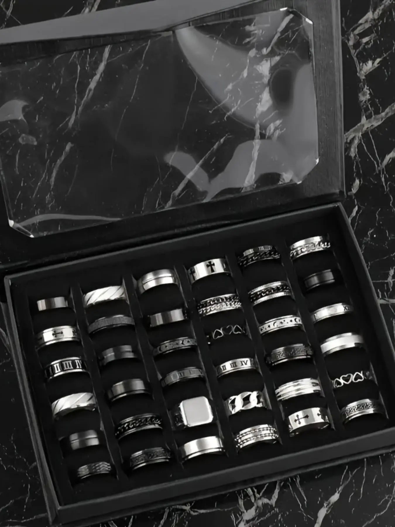 Men's Stainless Steel Punk Style Ring Set, Punk Style Fashion Rings, Cross-Line Texture Chain-Design Ring, Polished & Sandblasted, Stackable Finger Rings for Casual Party and Vacation Wear, Stacking Finger Jewelry