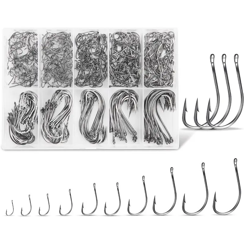outdoor sports Carbon Steel Fishing Hooks 500Pcs, Circle Hooks Assortment for Saltwater Freshwater Ice Fishing, Salt Water Fish Hooks for Catfish Trout Bass Striped 10 Size