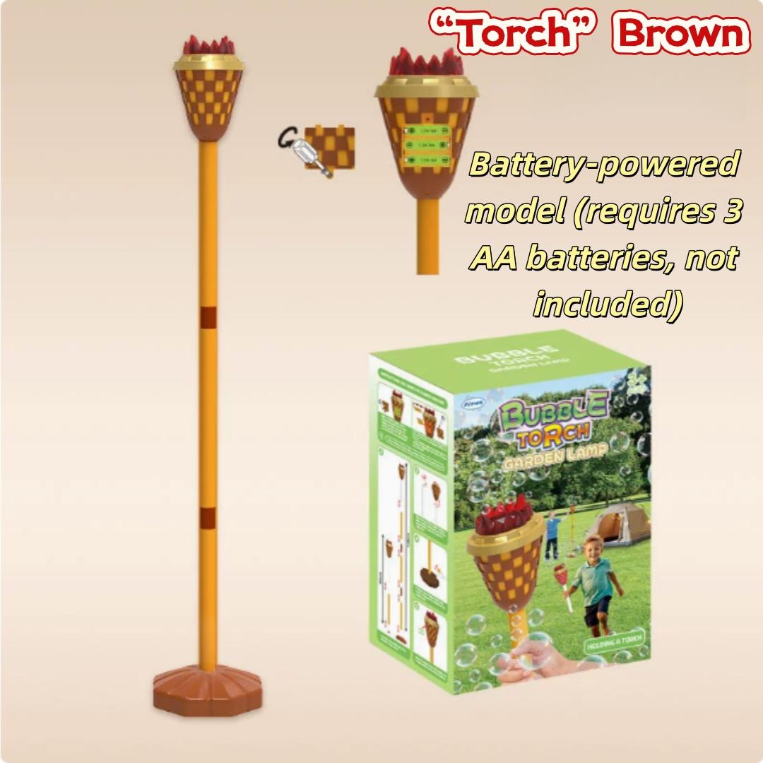 Streetlight Bubble Machine, “Torch” Bubble Machine with Music and Lights—an outdoor children's toy perfect for weddings and parties. Suitable for various occasions. Requires 3 AA batteries (not included). Recommended for ages 3 and up. Comes in a box.