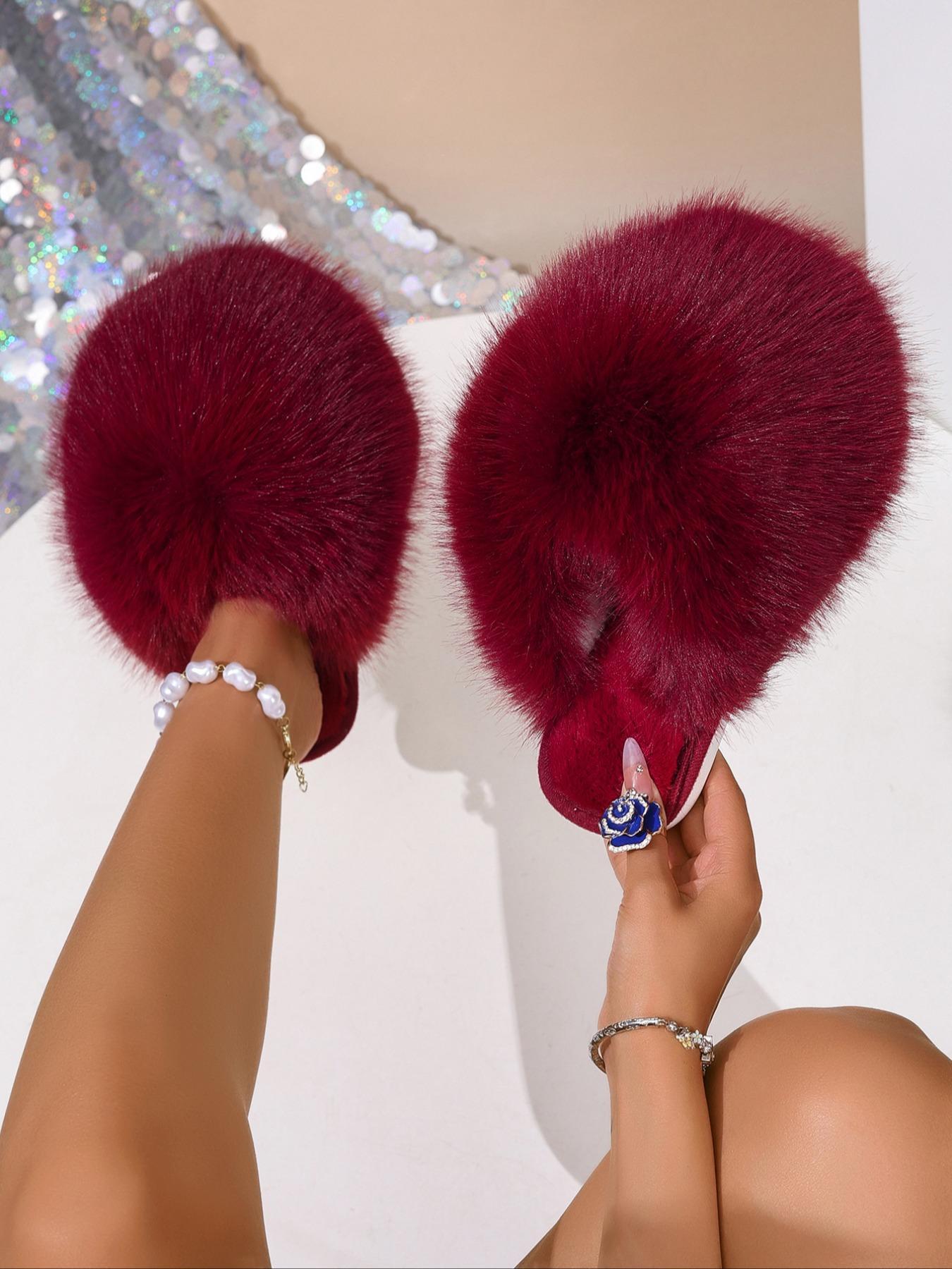 New Trendy Plush Fur Slippers, Valentine's Day Gift for Girls, Super Cute Fashion Warm Home Shoes, Fuzzy Warm Slippers, Anti-Slip Thick Sole Cotton Slippers