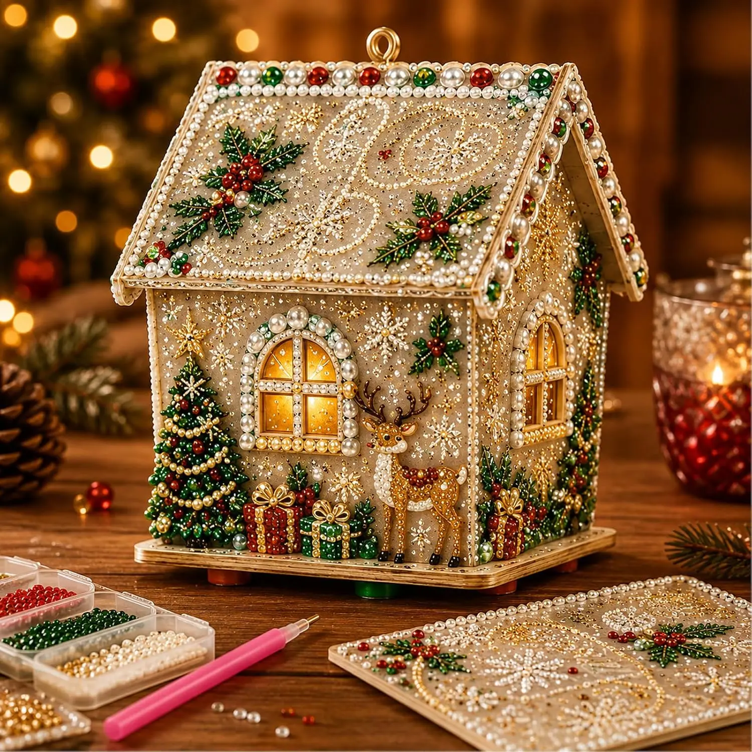 biqikav 3D Christmas House Diamond Painting Kits for Adults, Light Up Wooden Pearl Art Set DIY Holiday Ornaments, Handmade Xmas Tree Decorations Home Crafts Gifts-E