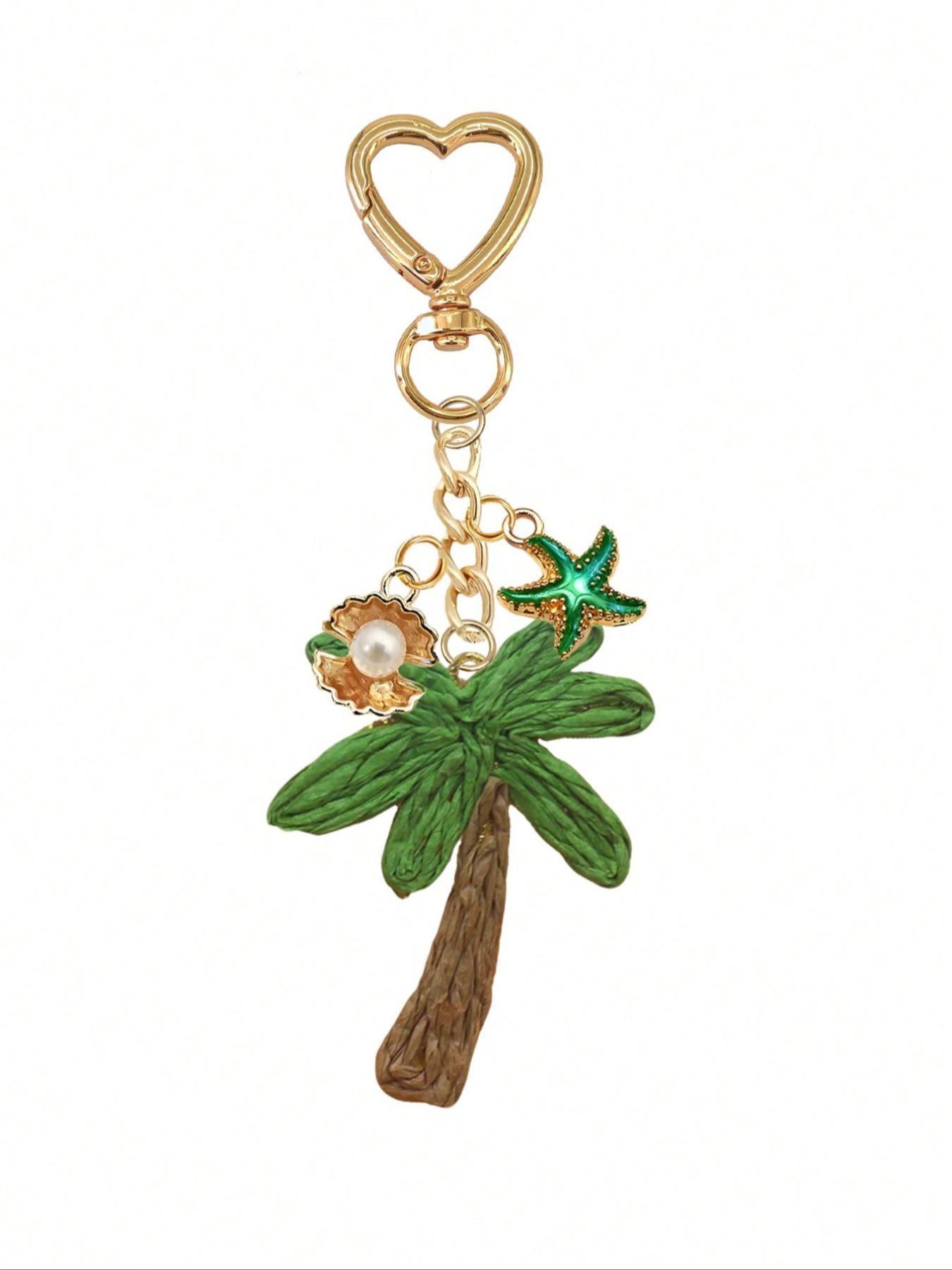 Handmade Coconut Tree Pendant with Shell and Starfish Elements, Bohemian Style, Woven Rattan, Ocean Alloy, Hawaii Style, Backpack Accessory