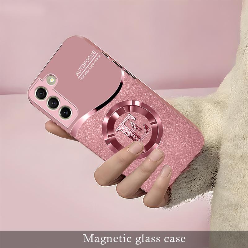 Personalized Initial Letter Rhinestone Magnetic Case for Galaxy S21 Fe 5g, Luxury Glitter Glass Cover with Lanyard Wrist Strap  ----975