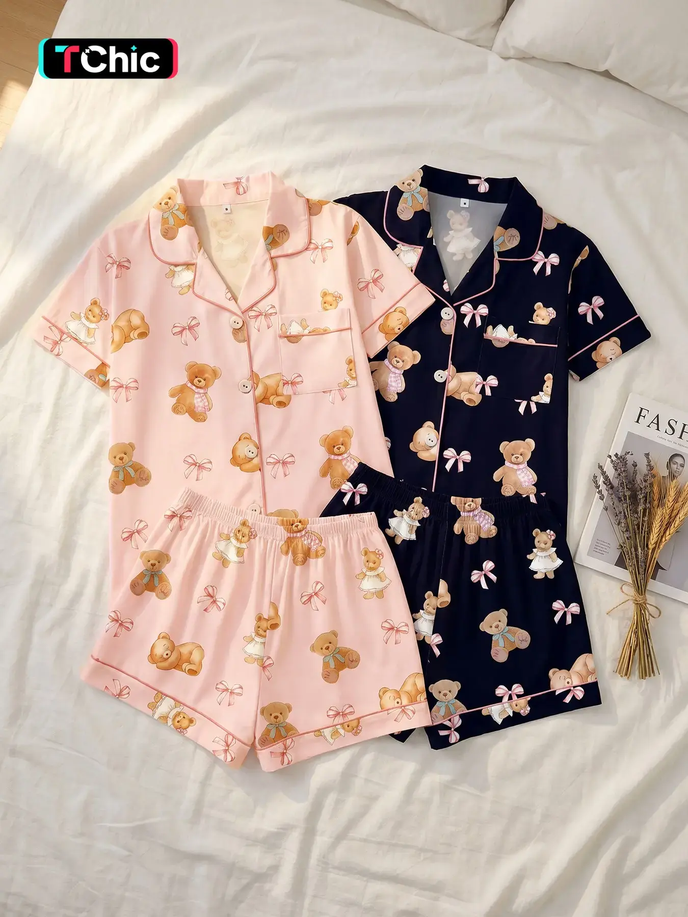 Women's 2 Pack Short Sleeve Button Down Top and Shorts Pajama Set, Spring Summer Wear, Versatile Daily Teddy Bear Print Set, Practical Style, Casual Sleepwear for Home & Daily Wear, Pyjamas