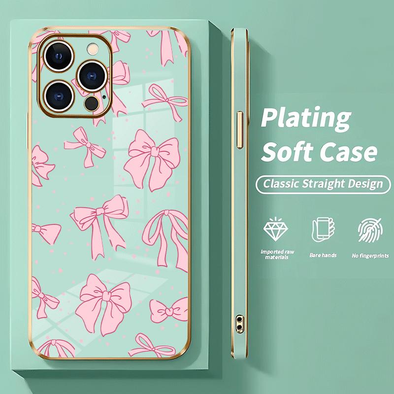 Full screen pink bow tie Soft&Flexible Electroplating TPU Silicone Phone Case For iPhone 17 Pro Max AIR 16 15 14 13 12 11 Plus Cases Durable|Shockproof|Full Camera Protection|Anti-Scratch|Non-Slip|Slim Fit|Gift For Girlfriend/Men/Women