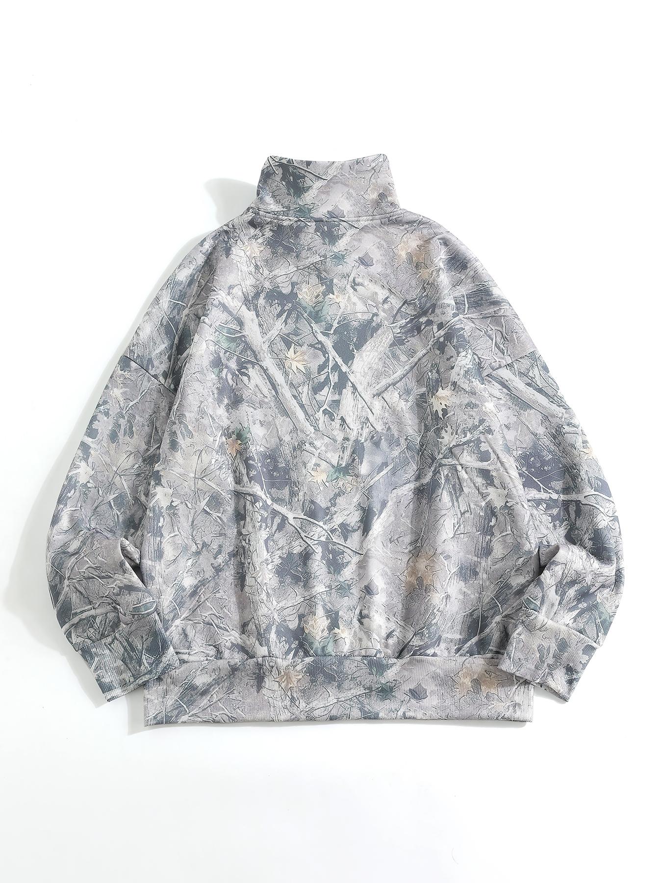 Women's Hooded Half-Zip Casual Round Neck Sport Top, Full Print Leaf Pattern, Digital Printing, Loose Fit, Fall & Winter, Camo Sweatshirt