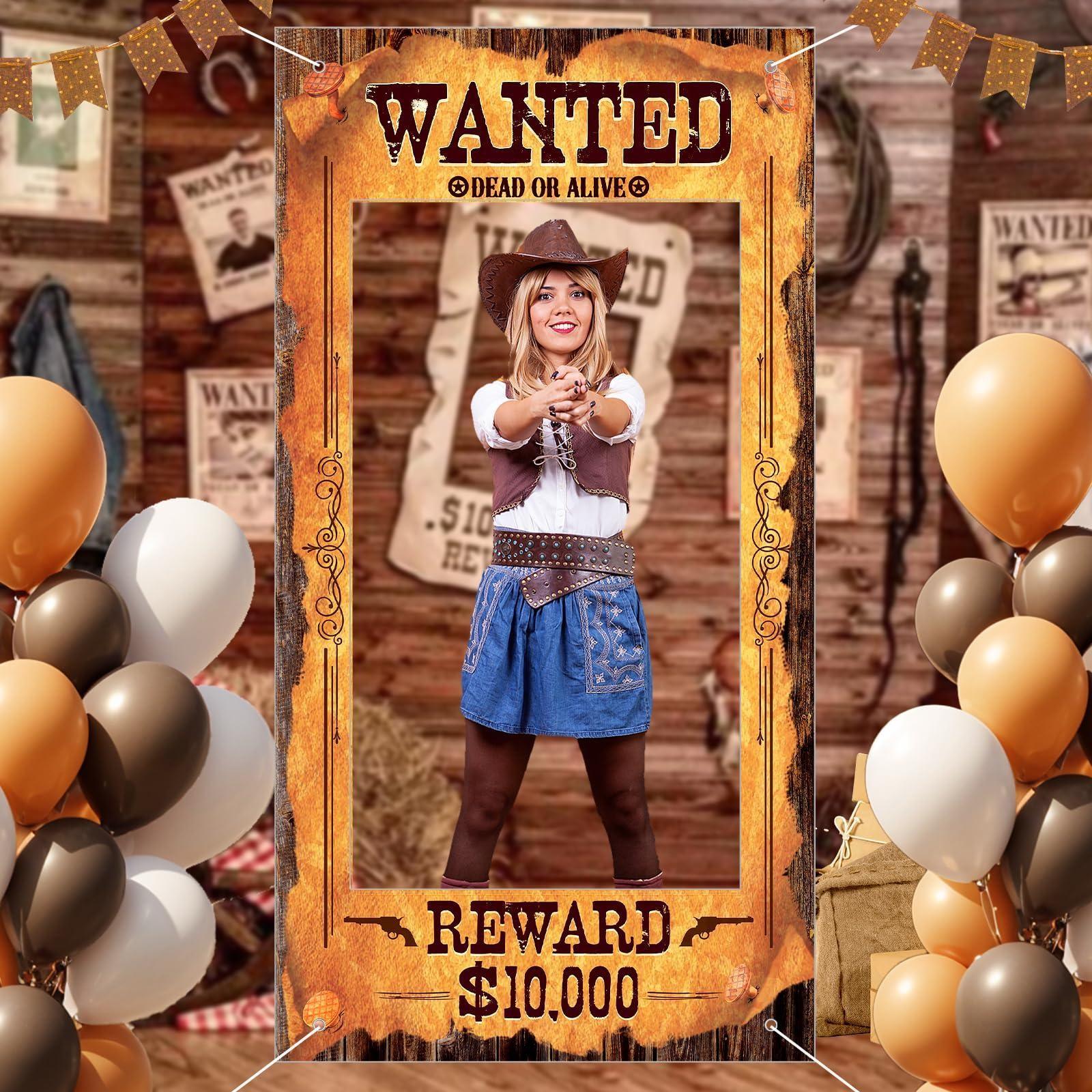 Large Cowboy Party Decorations Banners Western Wanted Photo Banner Fun Frame Prop Wild West Selfie Banner for Birthday Game Party Vintage Country Decor