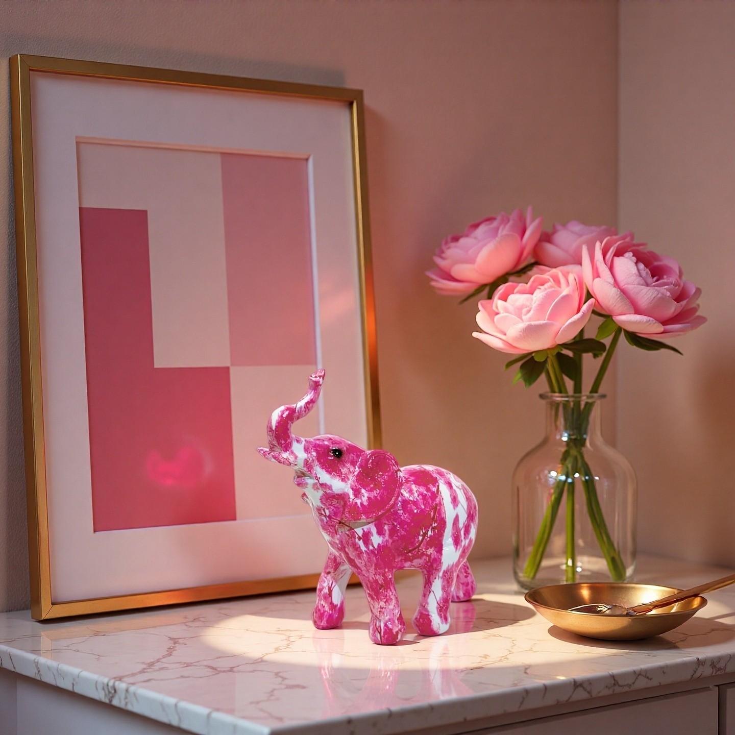 Nordic Style Rose Ink Art Elephant Resin Figurine, Modern Luxurious Home Decor Office Desktop Ornament, New House Personal Gift