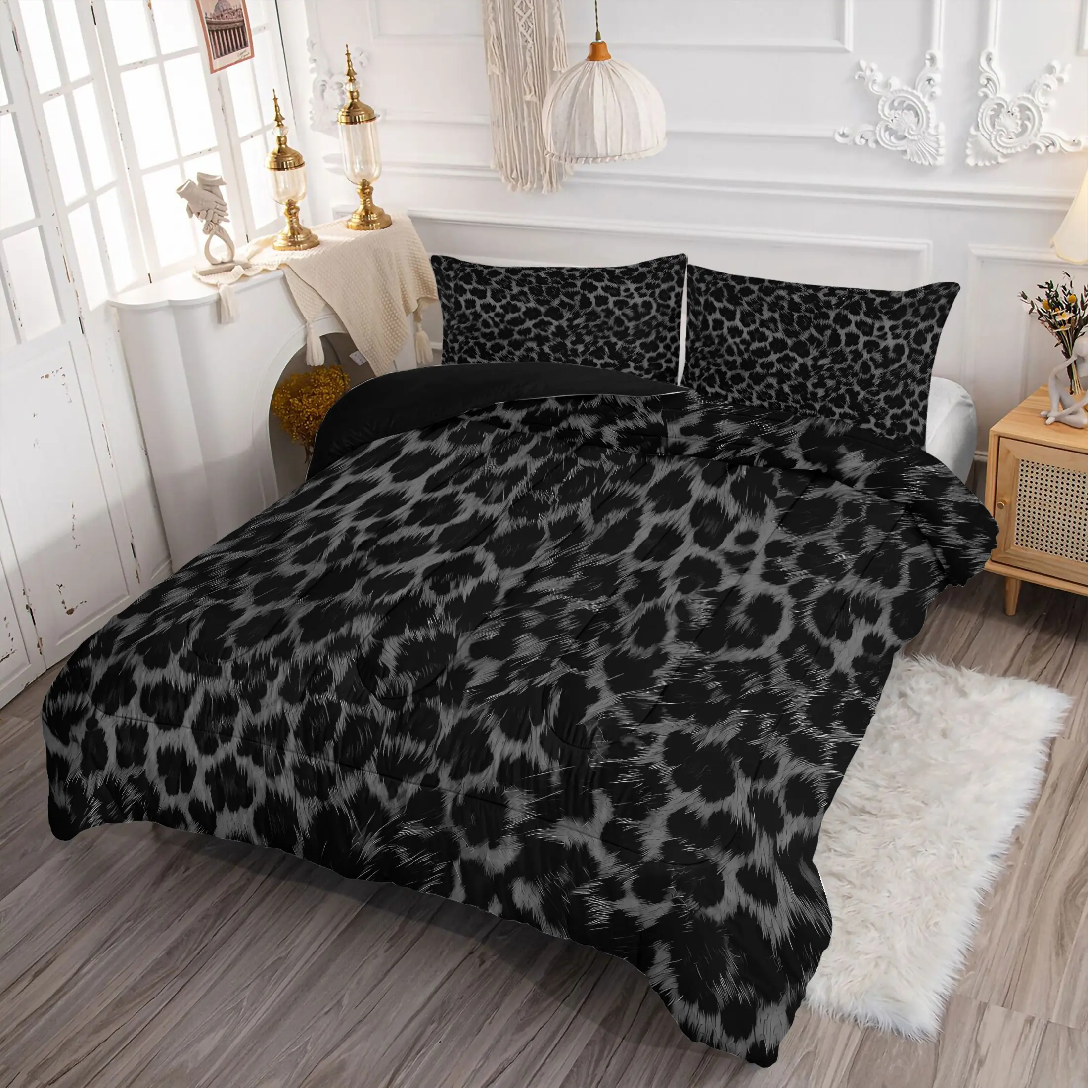 Black Grey Leopard Print Comforter Set Queen Size Cheetah Print Super Soft Bedding Set for Women Bedroom Decor,Y2K Edgy Animal‑Pattern Bedding Set-3 Pieces (1 Quilt + 2 Coreless Pillowcases)