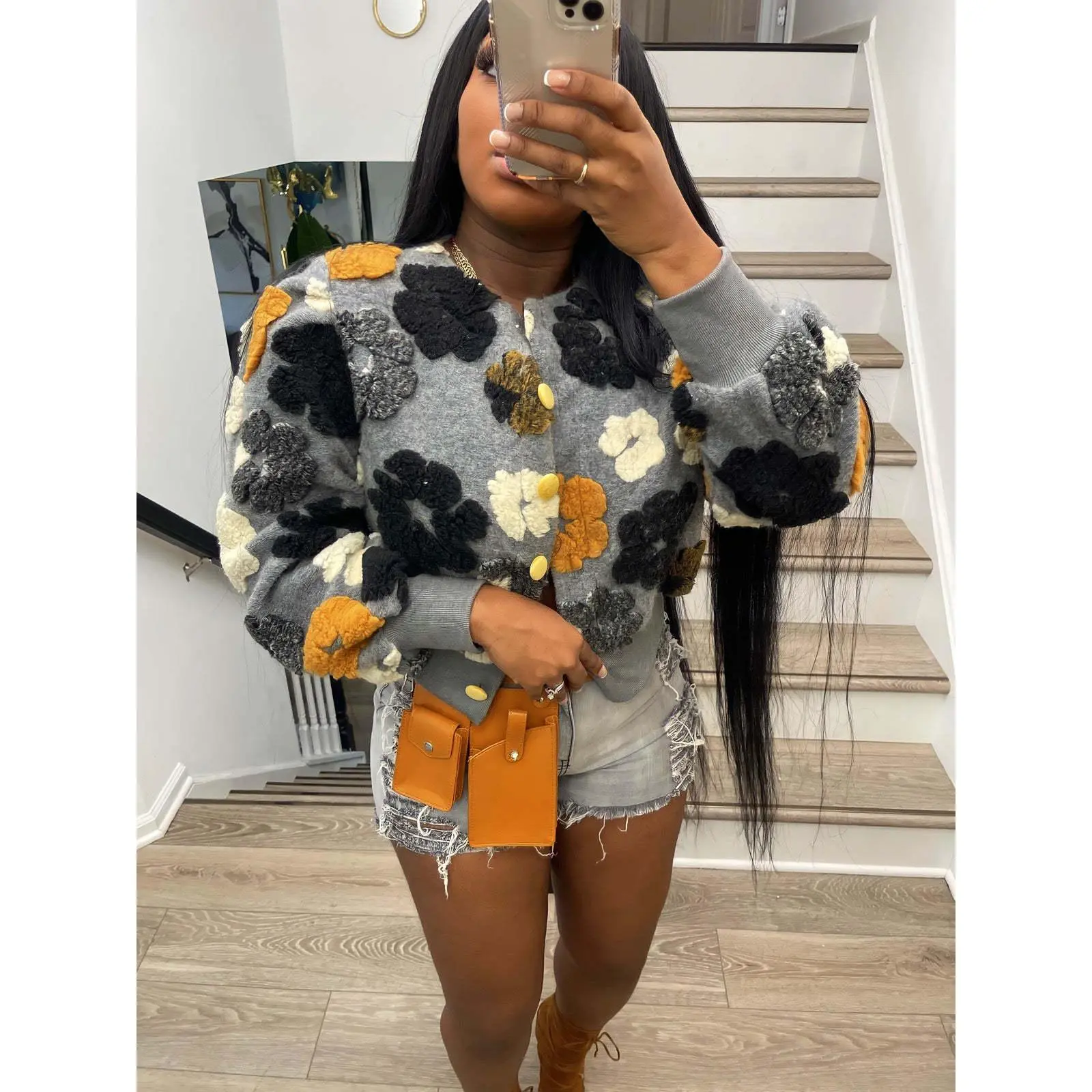Women's Cropped Floral Fleece Bomber Jacket - Casual Tops, Button-Down, Puff-Sleeve, Fuzzy Crop Varsity Coat