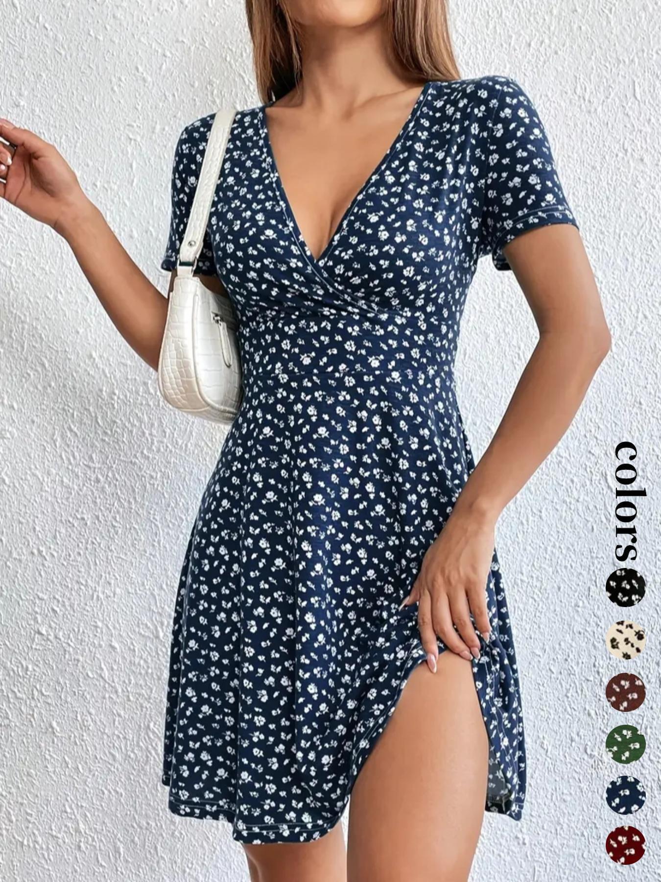 Women's Ditsy Floral Print V Neck Wrap A Line Dress, Boho Fashion Short Sleeve Short Dress Casual Boho Bohemian for Daily Holiday Vacation Wear, Frenchy Style Ladies Dress for Summer