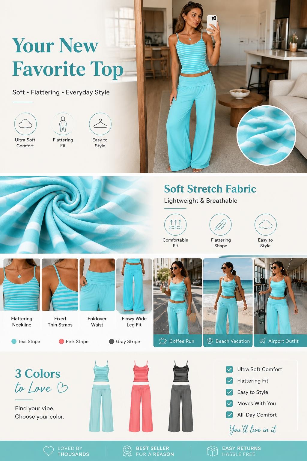 Women's Striped Cami Top and Wide Leg Pants Set, Summer Casual Loose Two-Piece, Loungewear Set, Comfortable and Stylish