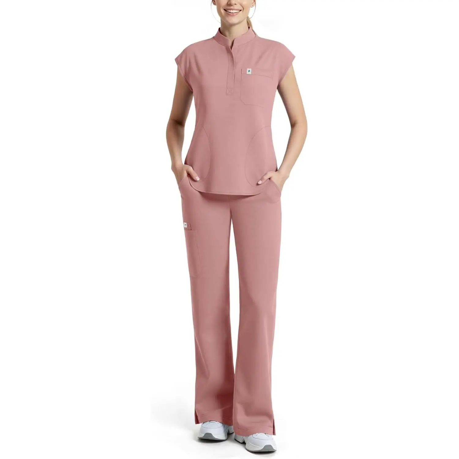 Scrubs for Women Set, Sleeveless Stand Collar Top & Straight Leg Cut Pant | Breathable Professional 11-Pocket Medical Uniform Scrub Set,Drawstring Yoga Waistband,Soft Stylish Shirttail Hem