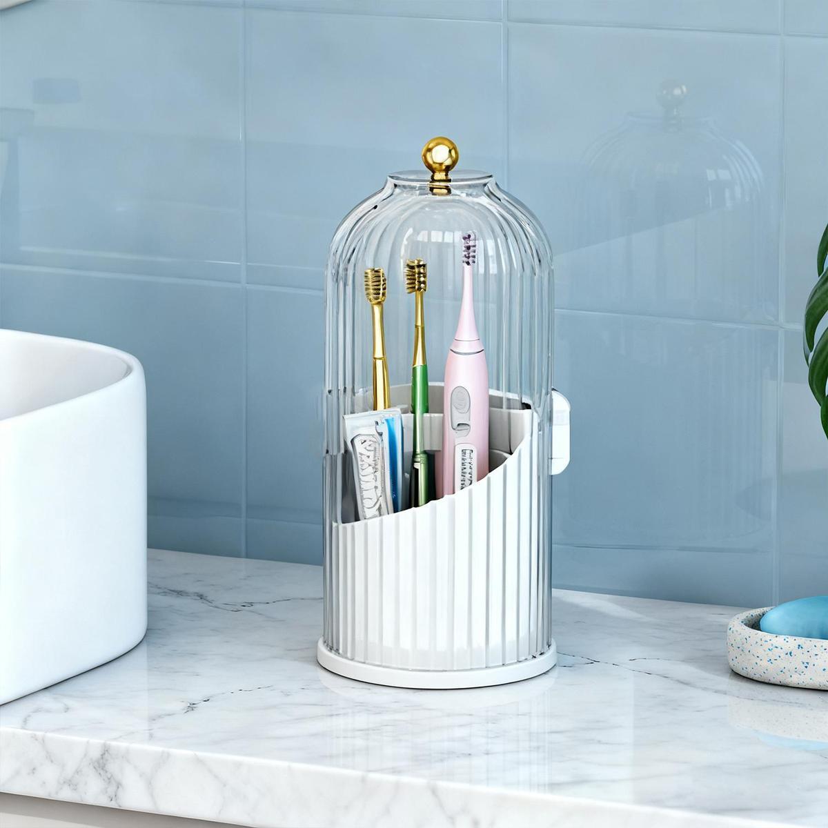 360° Spinning Toothbrush & Makeup Brush Organizer, Toothbrush Storage, Dustproof, Anti-Slip, Drainage Design, 3 Slots, Transparent Plastic, Bathroom Vanity Countertop