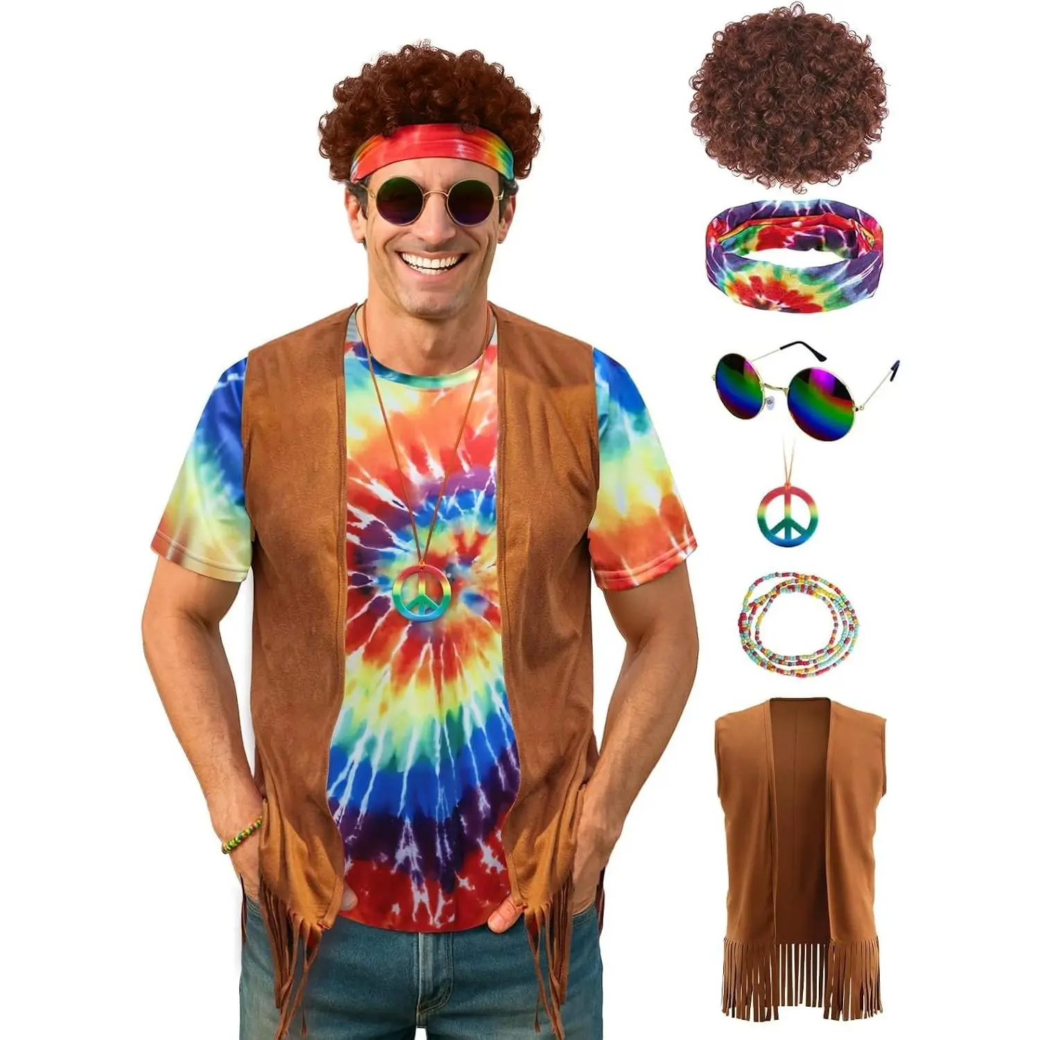 Men's Hippie Costume 70s Outfit Tie Dye Shirt Set for HalloweenGift
