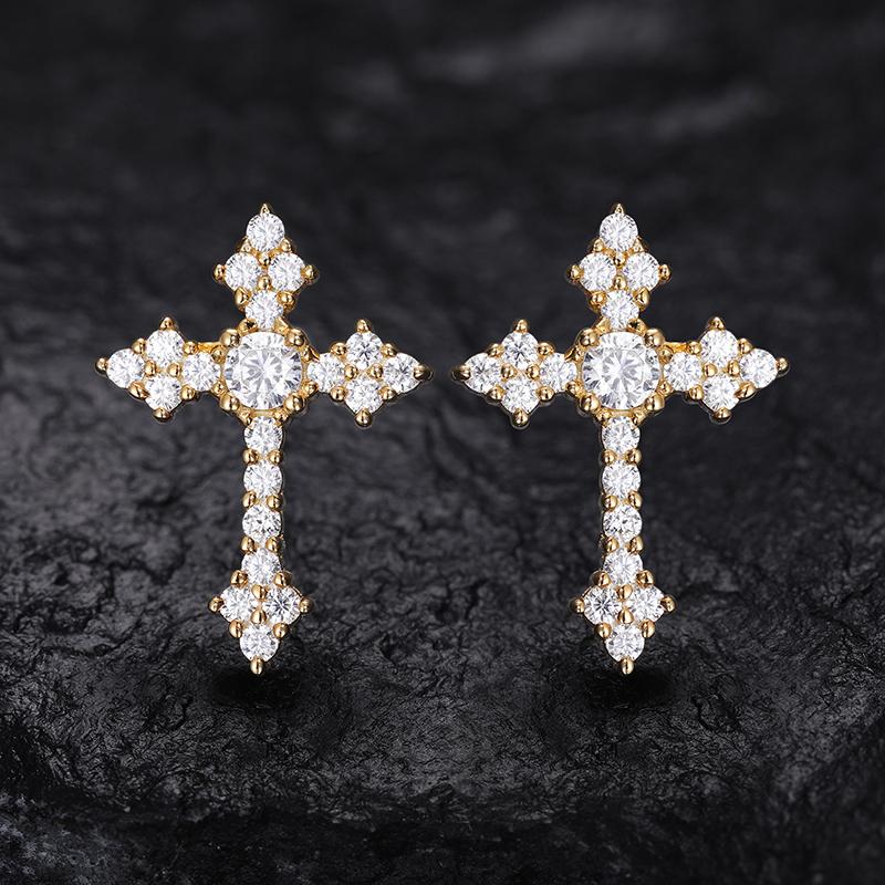【#EE235】UCCIYO 18K Gold-Plated Cross Stud Earrings with Lab-Grown Moissanite Synthetic Moissanite Earrings For Women 925 Sterling Silver Stud Earring Men Hip Hop Jewelry Couple Gift