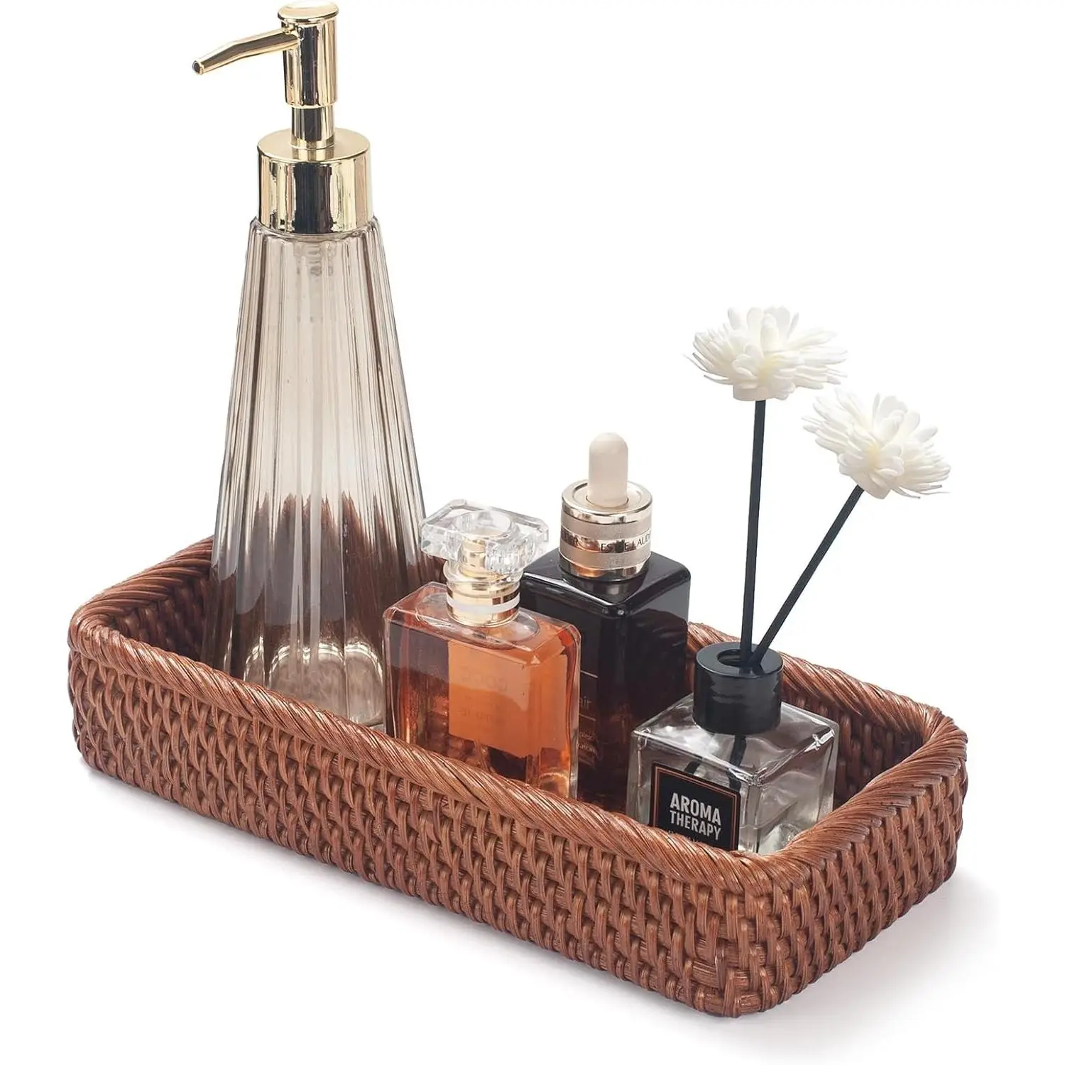 Rattan Bathroom Vanity Trays Toilet Tank Baskets Long Narrow Hand Towel Storage Basket for Storage, Decorative (Honey Brown 10.2 x 4.9 x 1.6 inch)