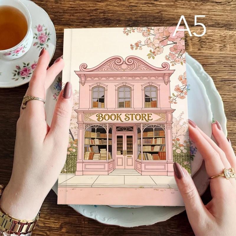 1pc A5 Reading Planner Notebook, Daily Reading Journal With Pink Bookstore & Bookshelf Illustrations, 170 Pages Reading Log And 52 Book Review Templates, Stationery For Book Lovers To Record Book Notes And Quotes, Journaling Supplies