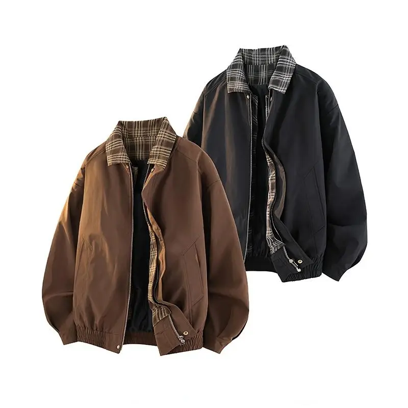Men's Spring And Autumn Vintage Plaid Fake Two-Piece Brown Jacket, Workwear Lapel Coat, Spliced Flight Baseball Uniform, Suitable For Men's Daily And Outdoor Wear, Men's Lapel Collar Sleeveless Sports Long Sleeve Jacket Casual Outfit
