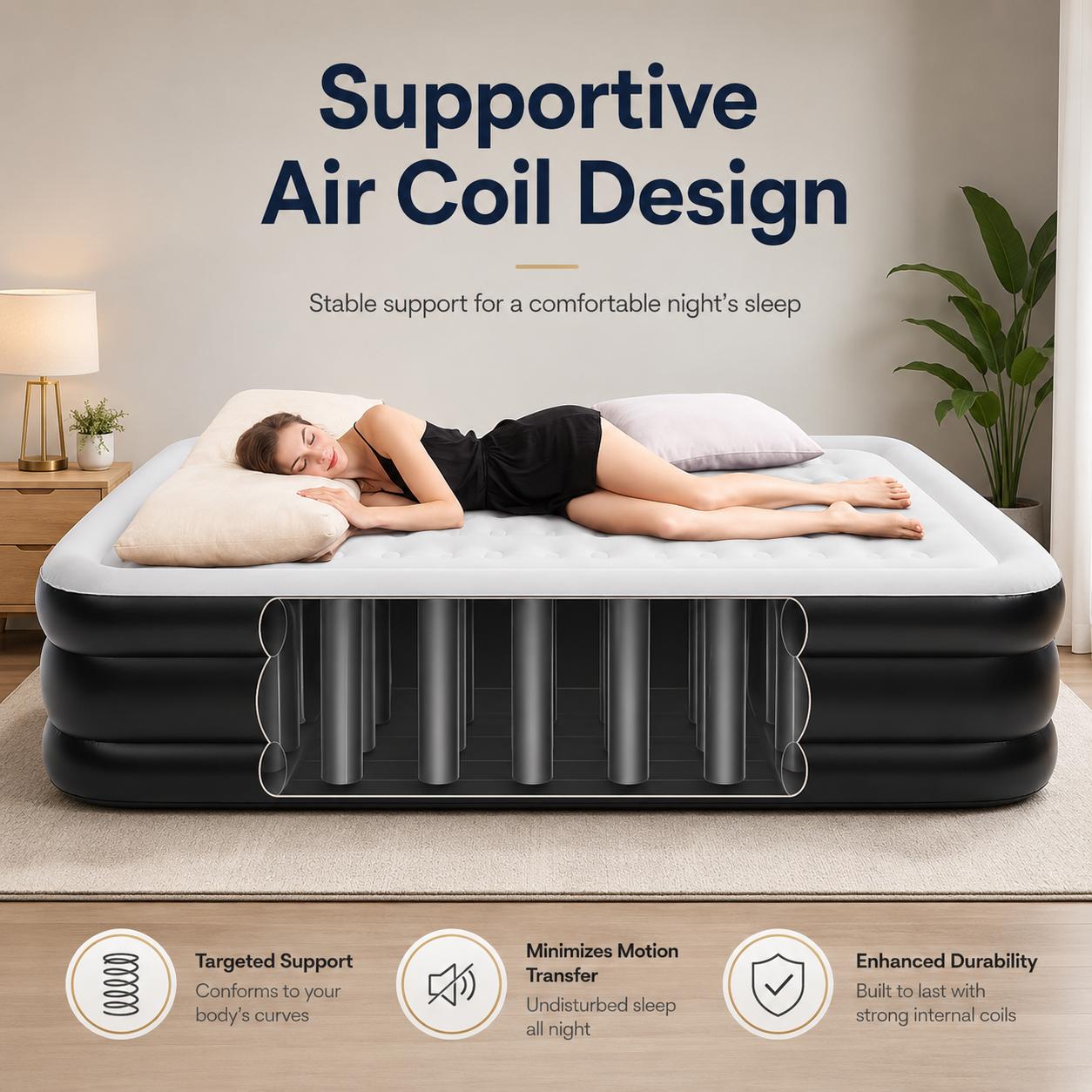 "Full Air Mattress with Built-In Pump – 18” Inflatable Airbed for Guests, Quick 3-Min Self-Inflating, Portable Blow Up Bed with Carry Bag – Type-0 Technology Air Coil, Full Size Sleep Comfort"