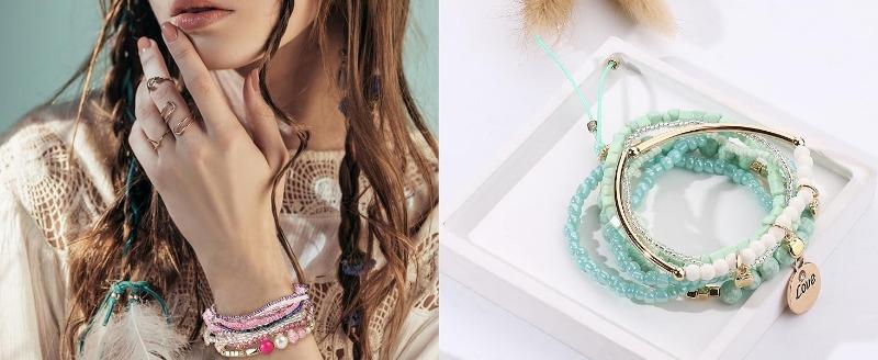 FIBO STEEL 6 Sets Multicolor Stackable Bracelets for Women Stretch Multilayered Boho Jewelry Christmas Gift Trendy Fashionable Accessories