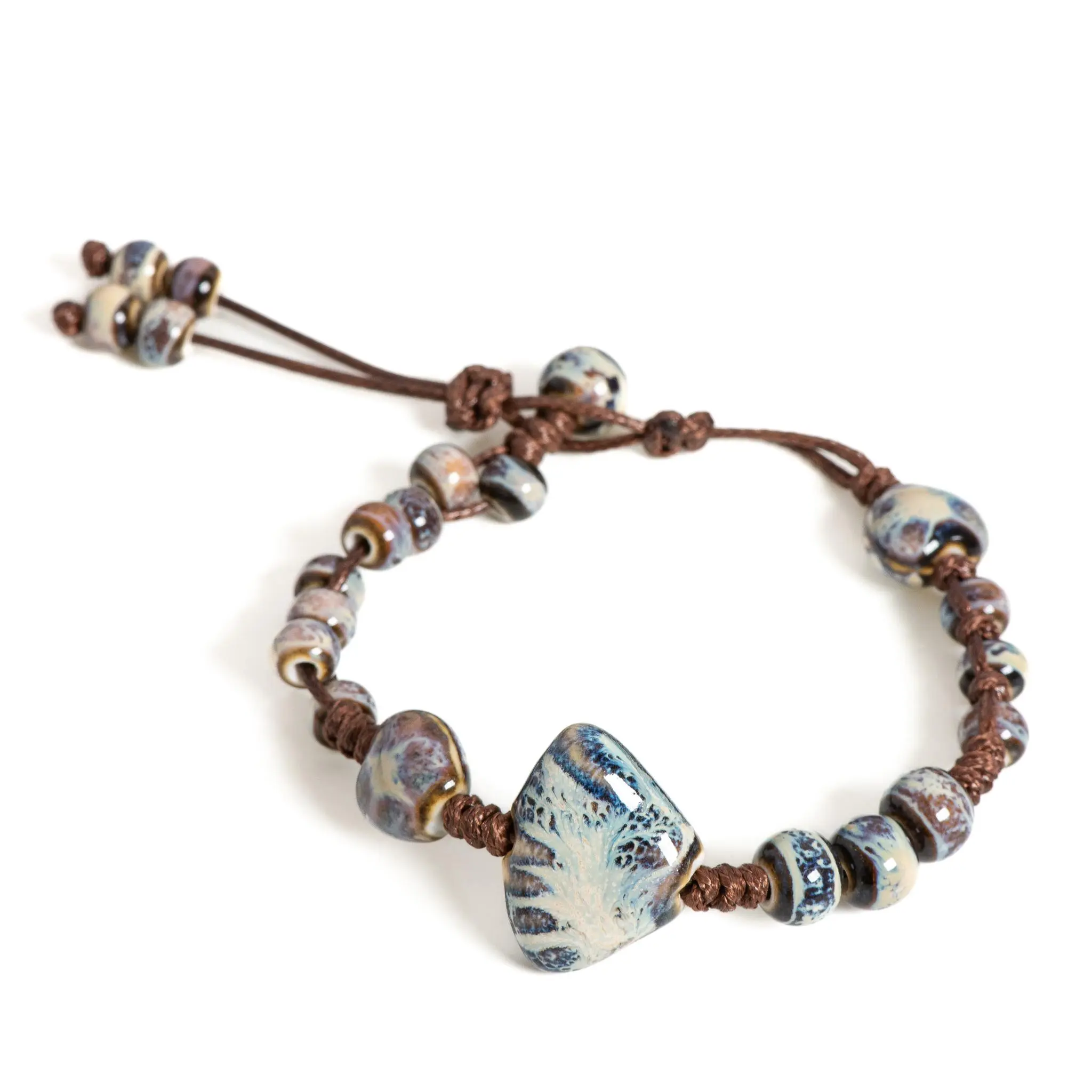 Handmade Blue Butterfly Shell Ceramic Bangle Bracelet, Adjustable Wax Cord, Boho Vintage Coastal Beach Jewelry - Anniversary/Birthday Gift for Women - S02-009, Boho And Vintage Jewelry Collectors, 12-24Cm, Adjustable Bangle, Durable & Handmade, Everyday W