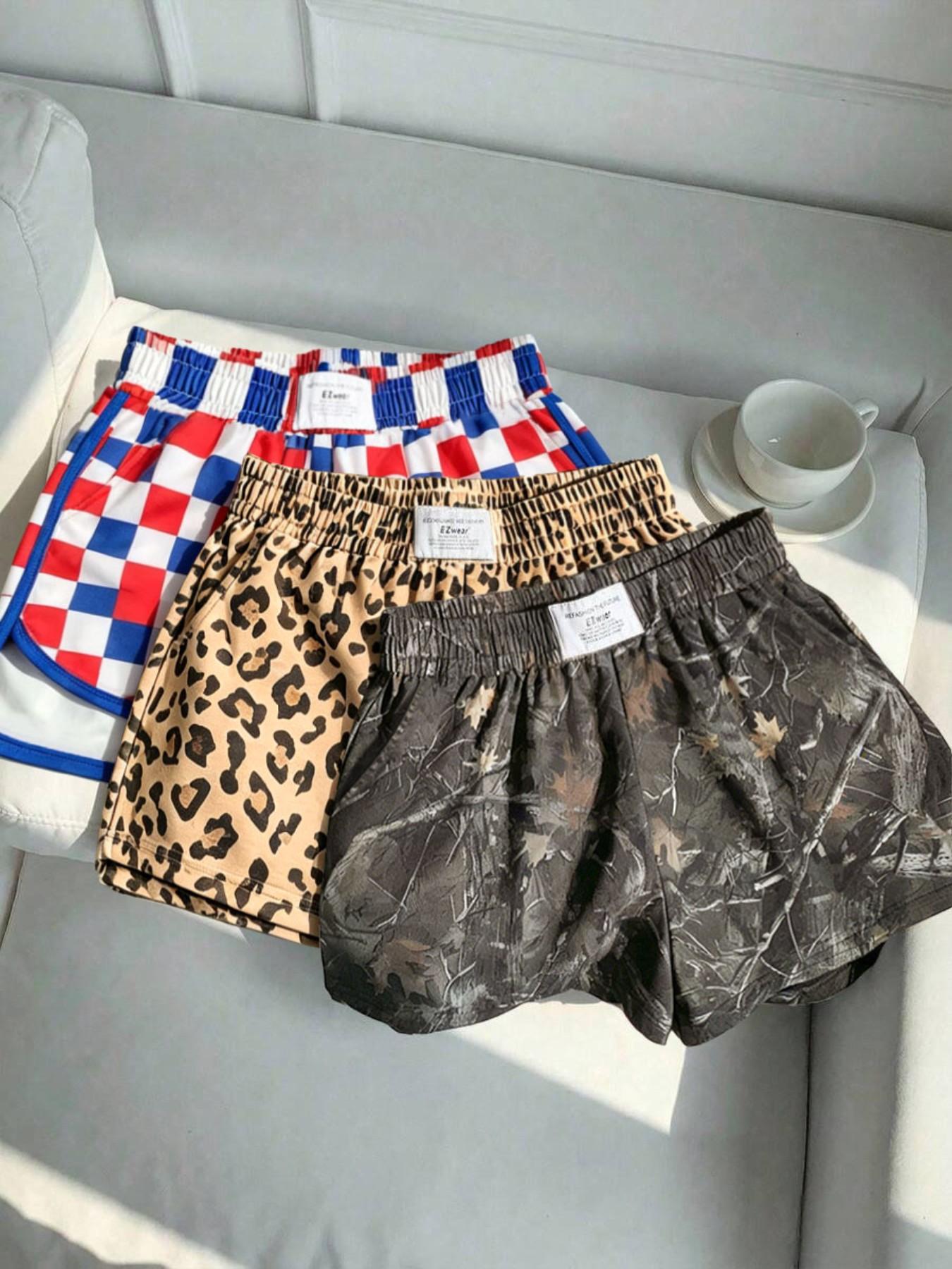 Women's Summer Leopard and Plaid Print Athleisure Casual Shorts, Comfortable Loose-Fit Athletic Bottoms for Yoga and Daily Activities