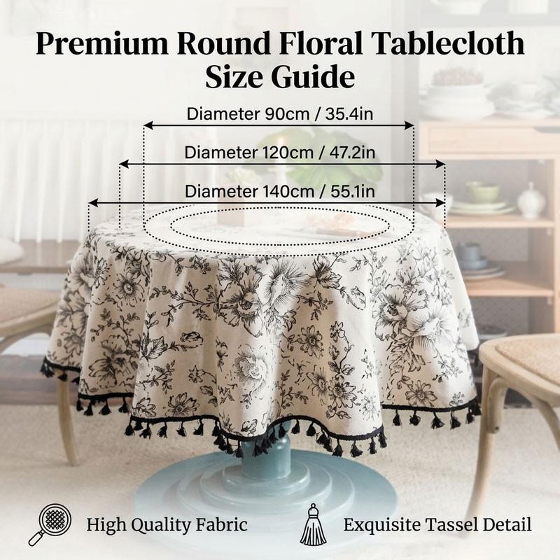 Round Printed Fringe Polyester Tablecloth, Vintage Floral Tassel Edge, Wrinkle & Stain Resistant, Easy Clean, Fast Dry, Home Restaurant Cafe