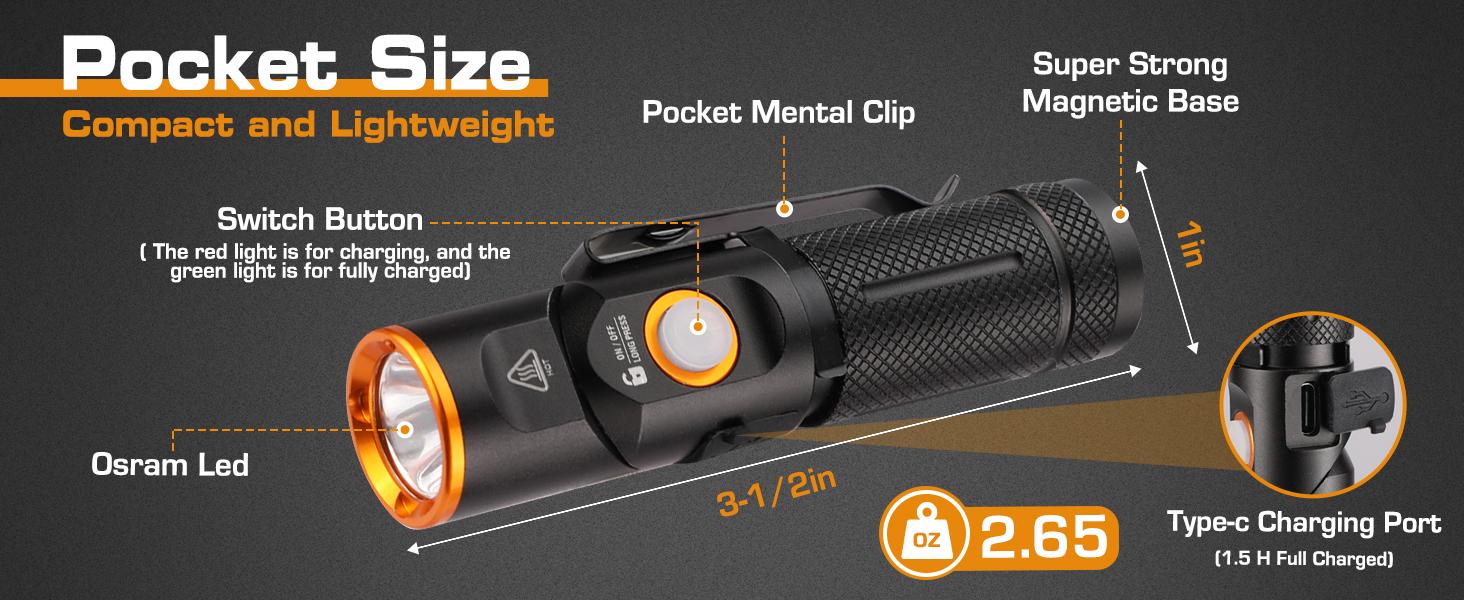 #JumpstartSale EverBrite 600 Lumens Pocket Flashlight, 90 Degree Tactical Pen Light with Magnet, Type-C Rechargeable with 3 Modes for Night Working, Outdoor, Camping, Emergency