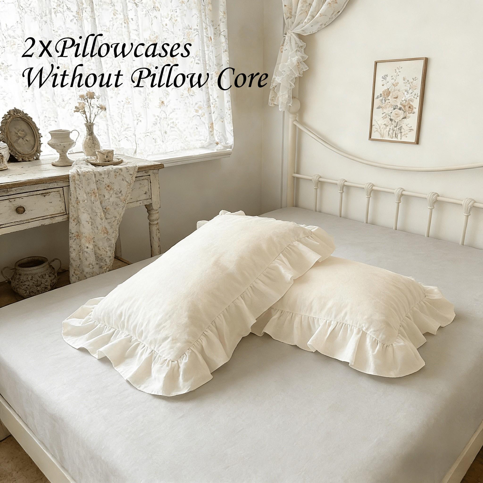 2pc Vintage Ruffle Flower Pillowcases, Pure Color Style, No Filling, Suitable for Bedroom Decor, Sofa Cushion, Bed Pillowcases Decoration