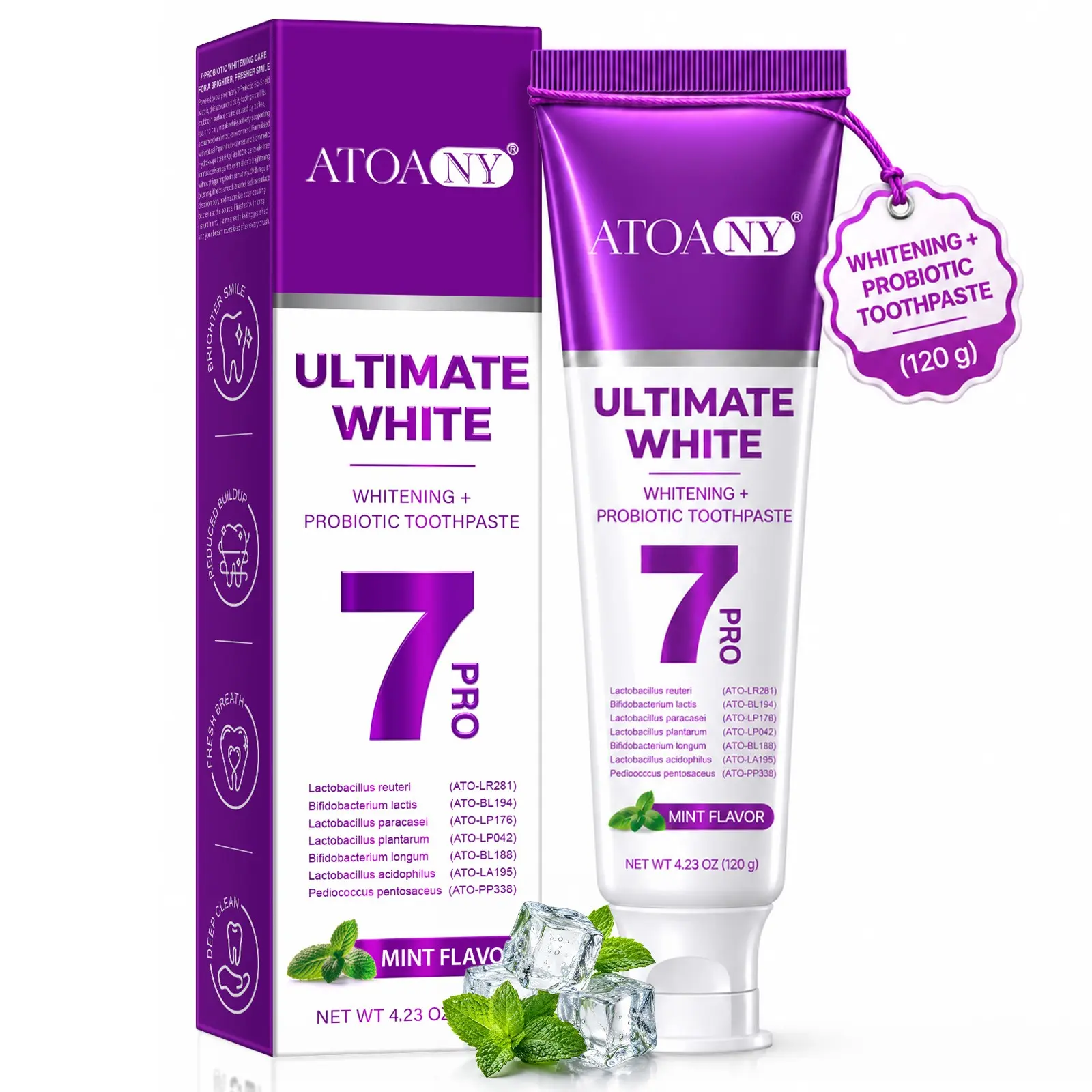 Atoany 7 Pro Whitening Toothpaste for Adults, Fluoride-Free, Suitable for Sensitive Teeth, Purple Microbeads, Fresh Breath, Removes Stains, Mint Flavor