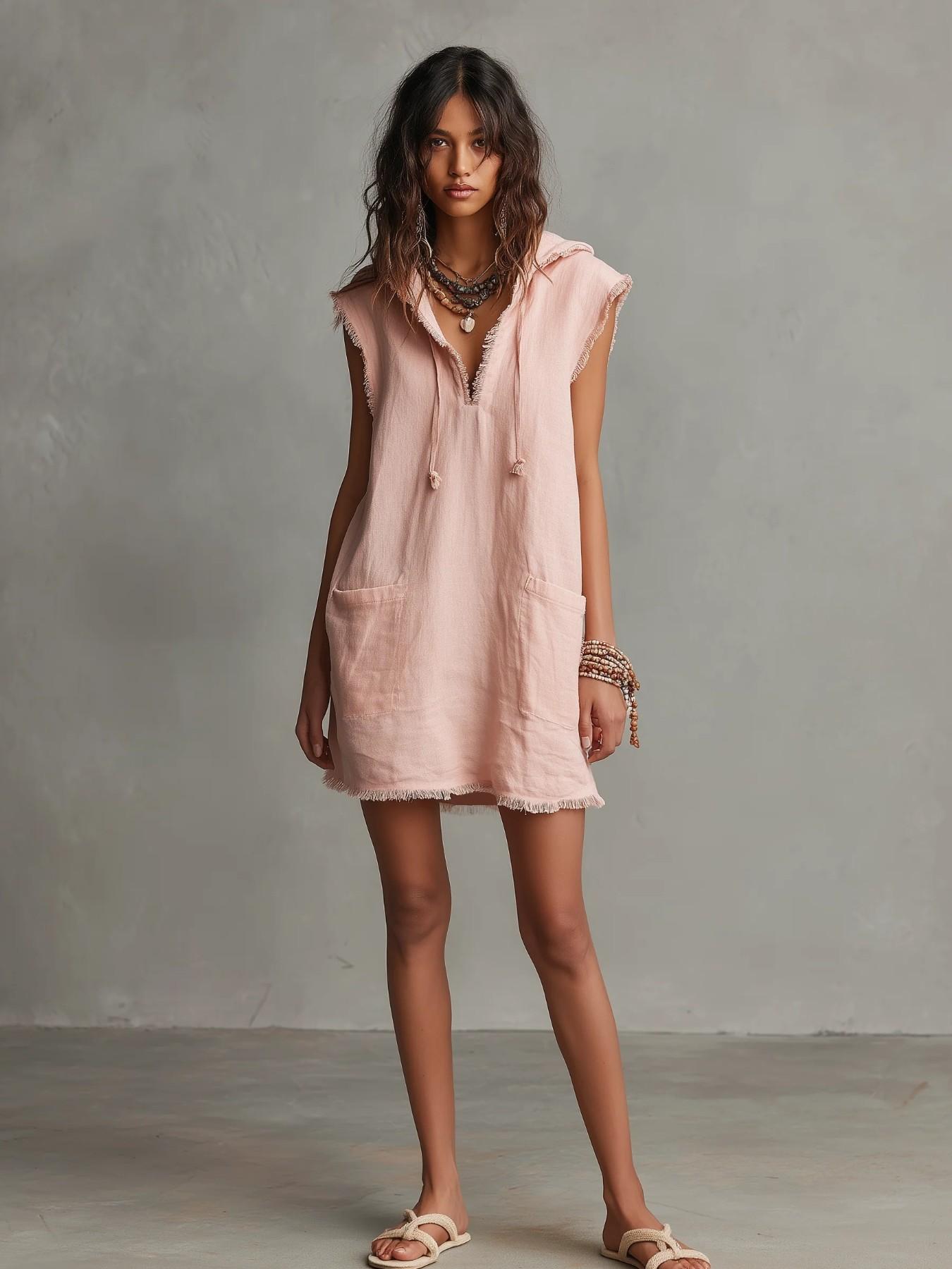 Minimalist Lightweight Linen Blend Sleeveless Dress with Hat, Summer V-Neck Frayed Edge Short Mini Dress, Women's Vacation