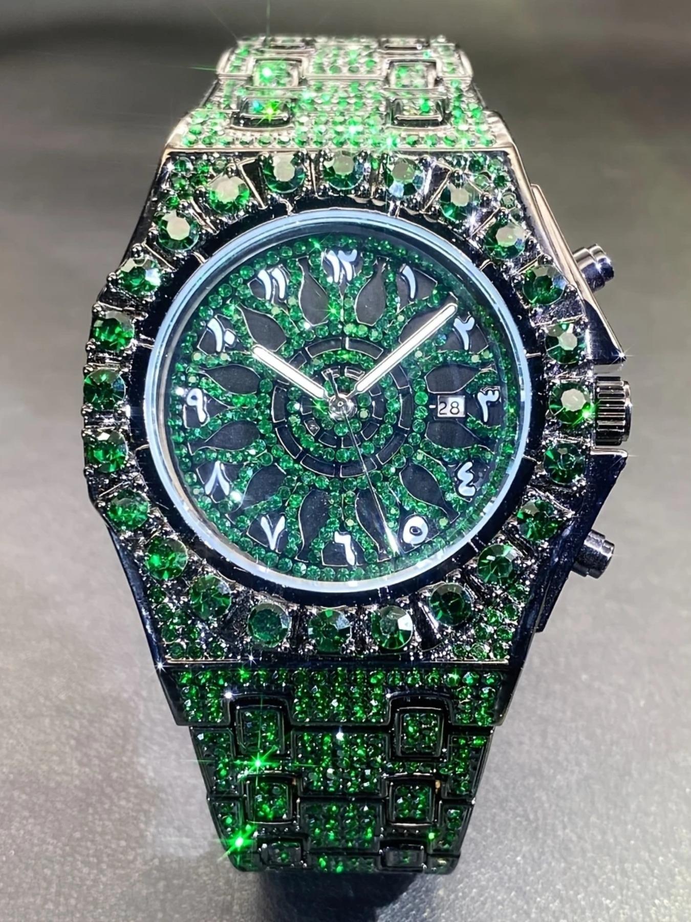 Men's Quartz Watch with Rhinestones, Luxury Ice-Dial Hip-Hop Watch with Full Artificial Water Diamonds, Rhinestone Decorated Watch, Fashionable Stylish Watch Men's Quartz Watch with Rhinestones, Luxury Ice-Dial Hip-Hop Watch with Full Artificial Water Diamonds, Rhinestone Decorated Watch, Fashionable Stylish Watch
