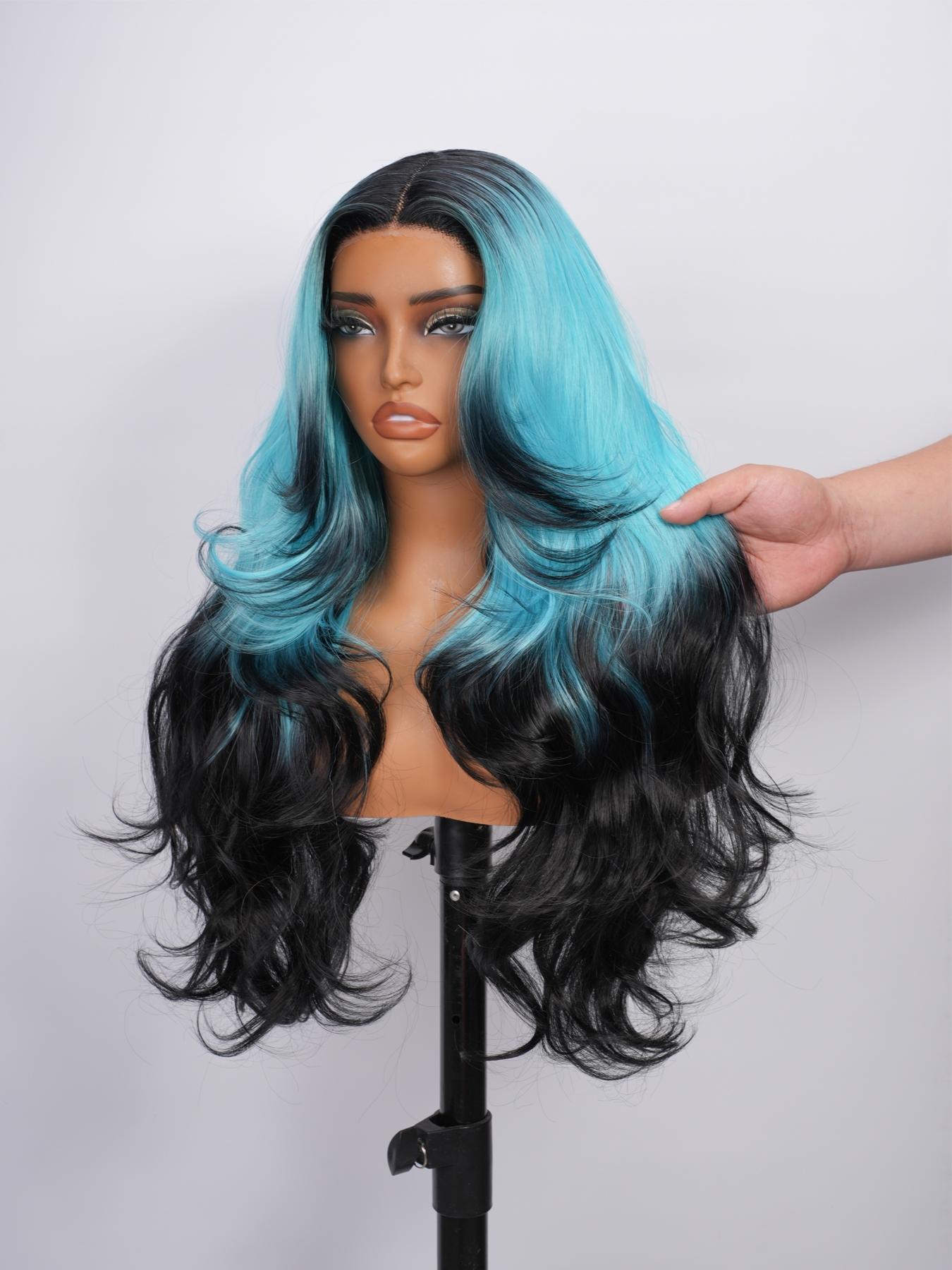 Voluminous Layered Design T-part Wig, Long Body Wave Black To Light Blue Ombre Wig, Fashion Synthetic Hair Wig For Y2K Lovers & Drag Queens, Fit Daily Wear, Themed Party, Cosplay Shooting