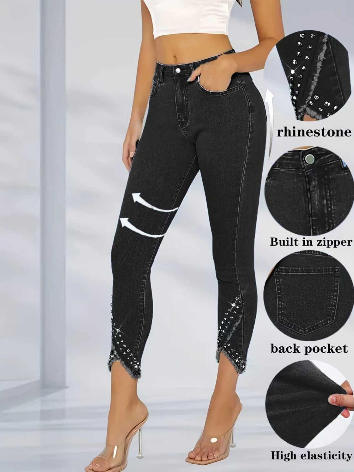 Women's Casual Denim Capri Pants with Rhinestone Hem, Tight Fit Skinny Long Jeans, Stylish Ladies' Fashion Bottoms, Trouser