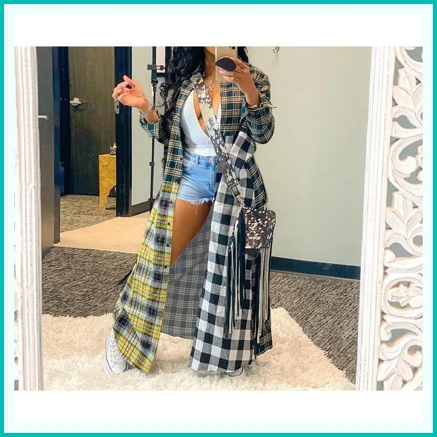 Women's Casual Color Block Plaid Patchwork Long Shirt Jacket