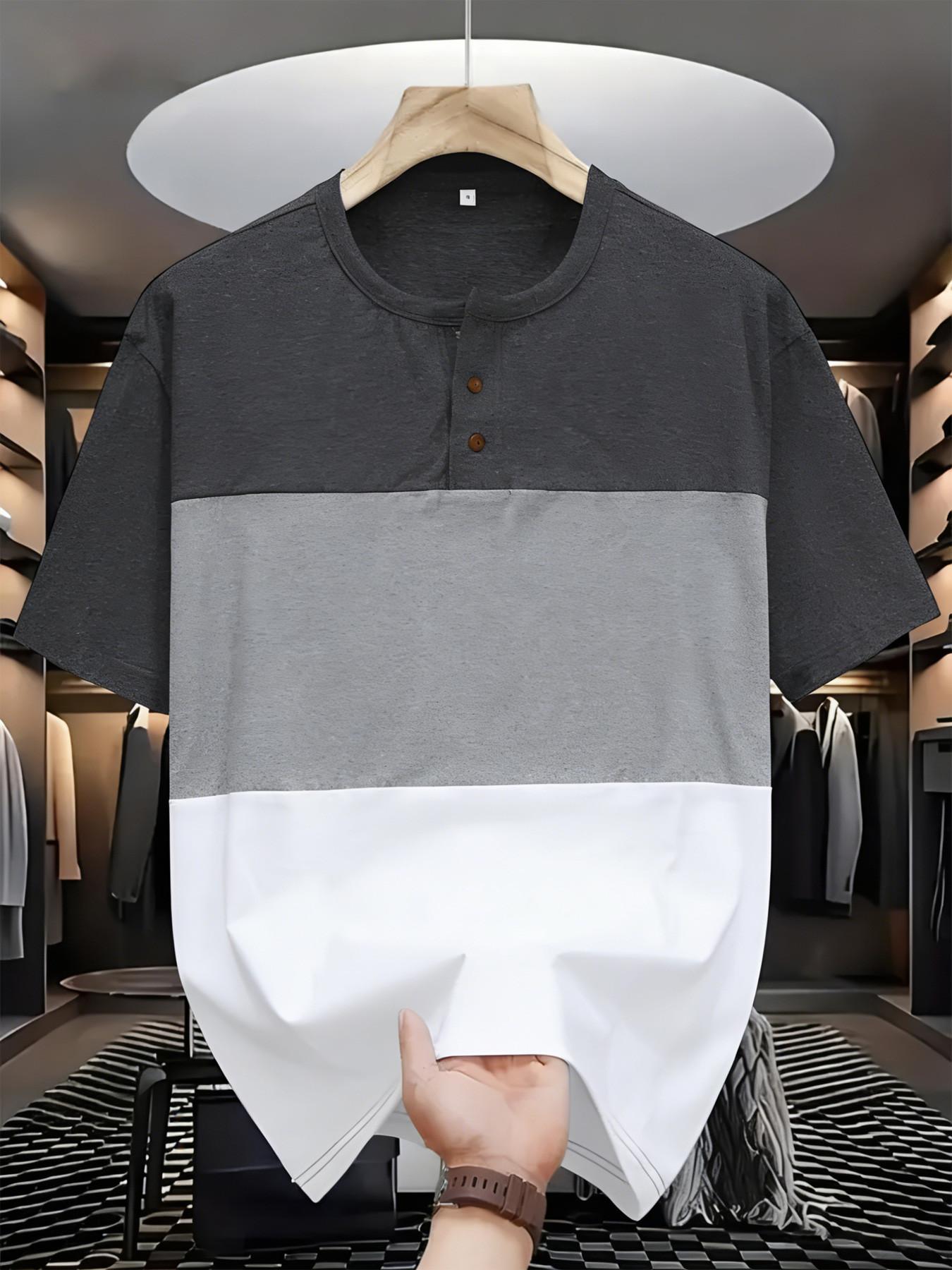 American Vintage Men's Henley Shirt, Three-Color Short Sleeve, Breathable Slim Fit, Gym Commute Dual Use, Men's Clothing