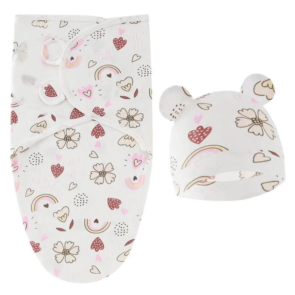 Floral Rainbow Hearts Swaddle Wrap & Bear Ear Hat Coordinated Set - Soft Stretch Adjustable Snaps, Breathable Fabric, Snug Secure Fit Sleep Wrap for Home Rest & Photography Props