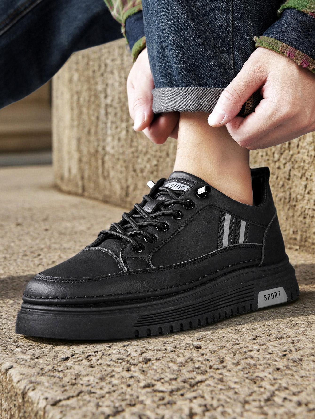 Men's Summer Thick Sole Sneakers, Simple Striped Casual Board Shoes, Soft Leather Breathable Lightweight, Height Boosting Slim Fit, Versatile Daily Wear
