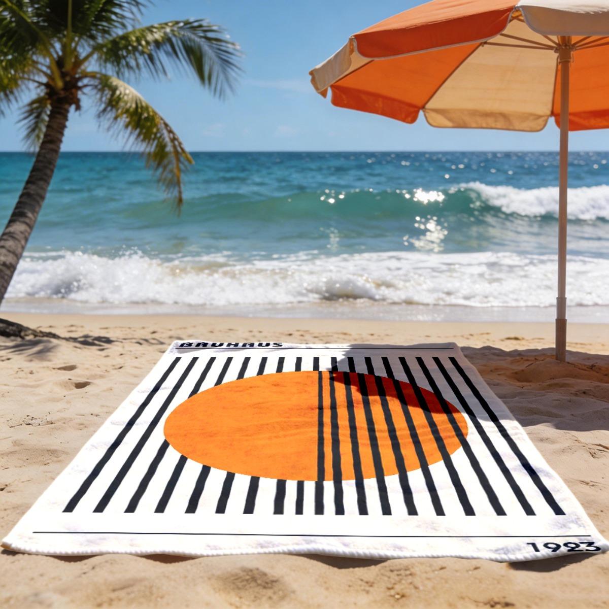 1pc Bauhaus Style Beach Towel with Orange Oval and Black Stripes Soft Lightweight Portable Beach Towel for Couples, Men and Women, Easy to Clean Durable Versatile Machine Washable, Suitable for Beach Yoga Fitness Camping, Ideal Vacation Gift