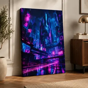Neon City Wall Art Canvas Poster, Futuristic Cyberpunk Bedroom Decor, Purple Blue  Artwork, Gaming Room Aesthetic Wall Decor, Unframed Canvas Poster or Framed Canvas Wrap