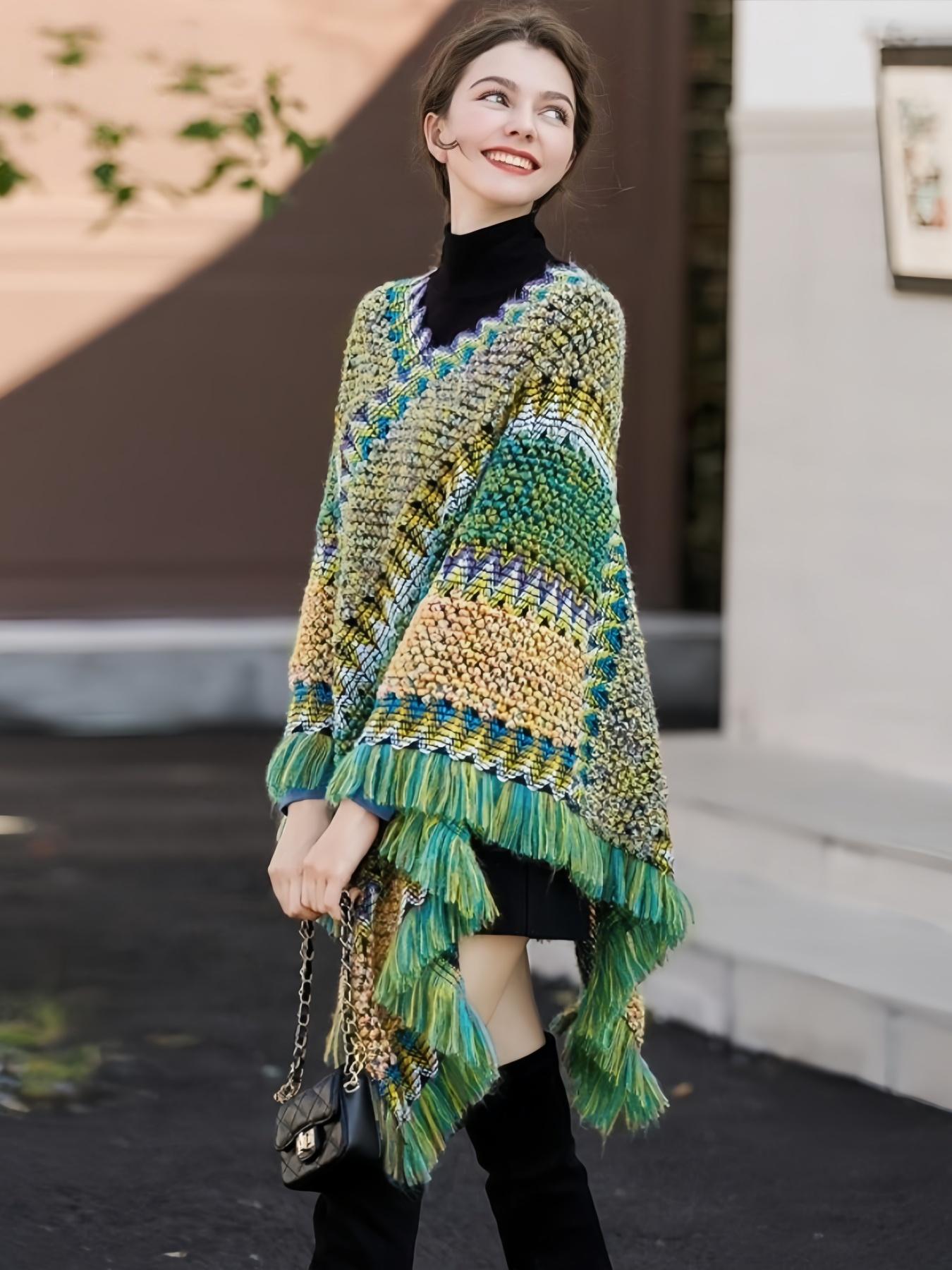 1pc Herringbone Tassel Shawl, Boho Style Shawl, Shawl Cape, Fashion Versatile Travel Poncho, Warm Scarf Wrap, Tassel Decor Shawl