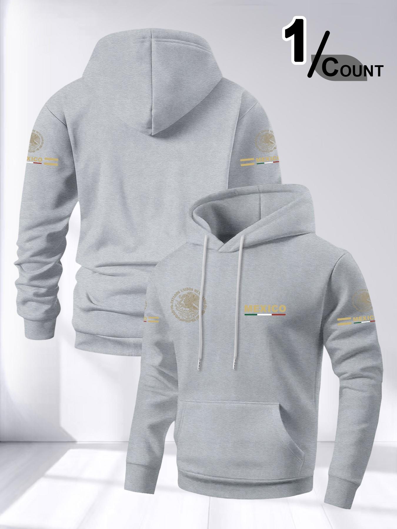 Men's Long Sleeve Hooded Fleece Sweatshirt, Mexican Pattern Print, Loose Fit Drop Shoulder Design, Casual Daily Wear, Comfortable Fashion Pullover