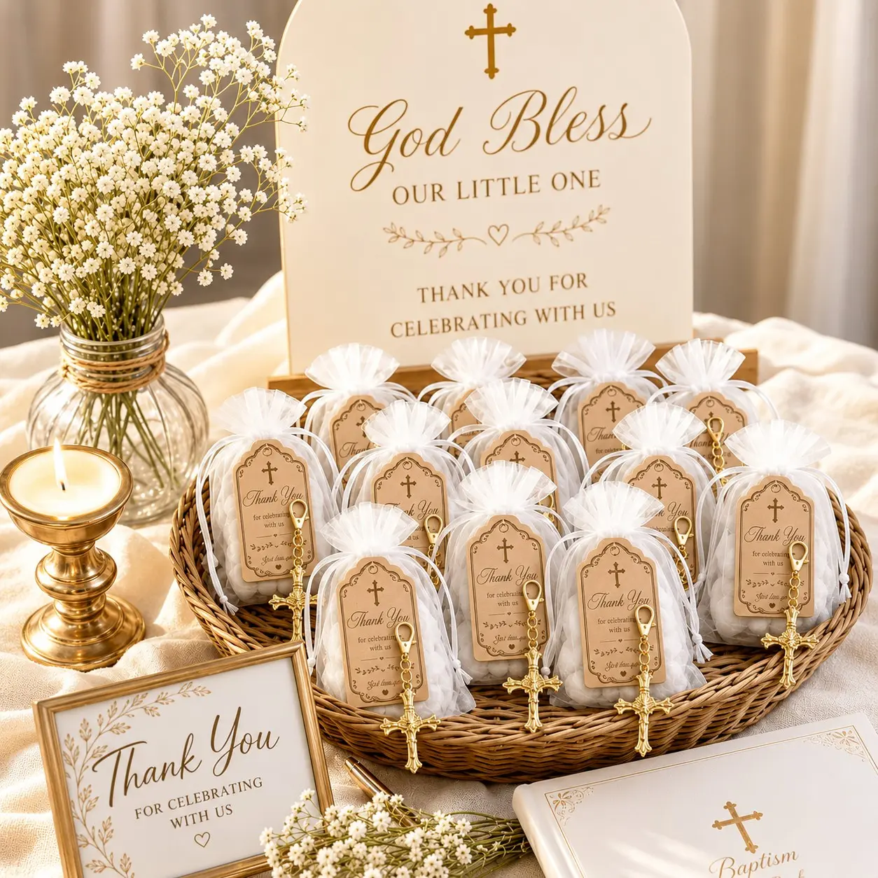60 Pcs/20 Sets Baby Shower Favors for Guests, Party Gift Packs, Gold Crucifix Keychains with White Organza Gift Bags and Kraft Thank You Cards, Baptism and Christening Favors, First Communion, Confirmation, Wedding, Christian Party Keepsakes